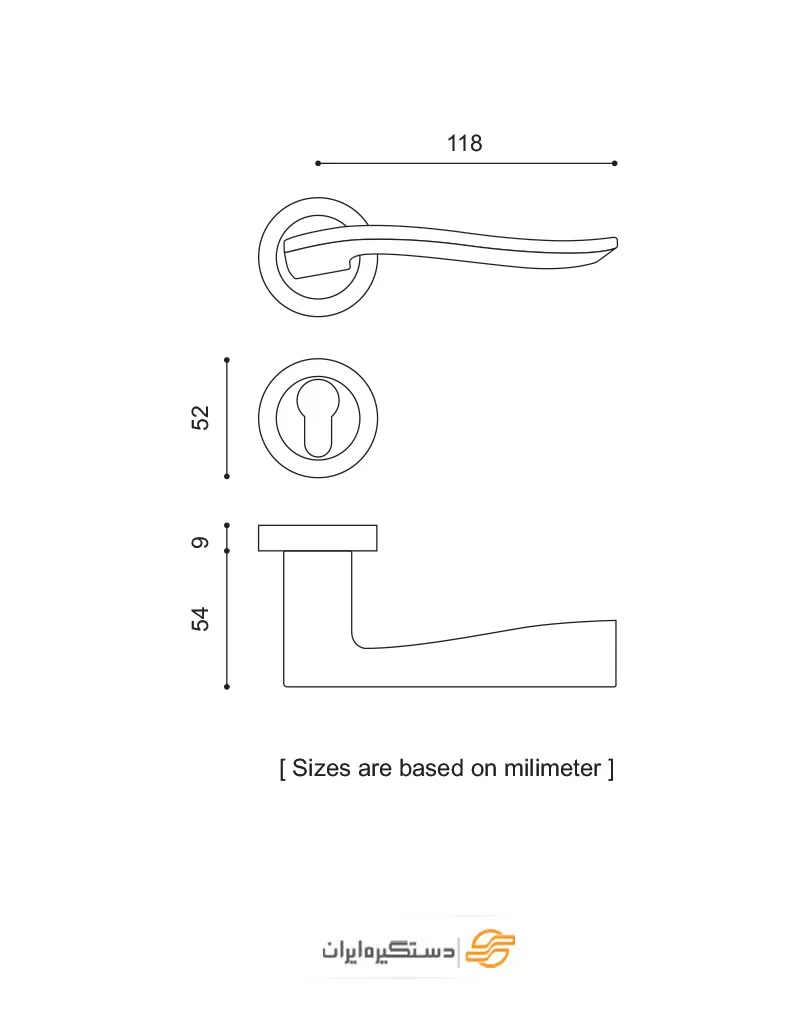دستگیره ایران کد 1900R راهنمای ابعاد