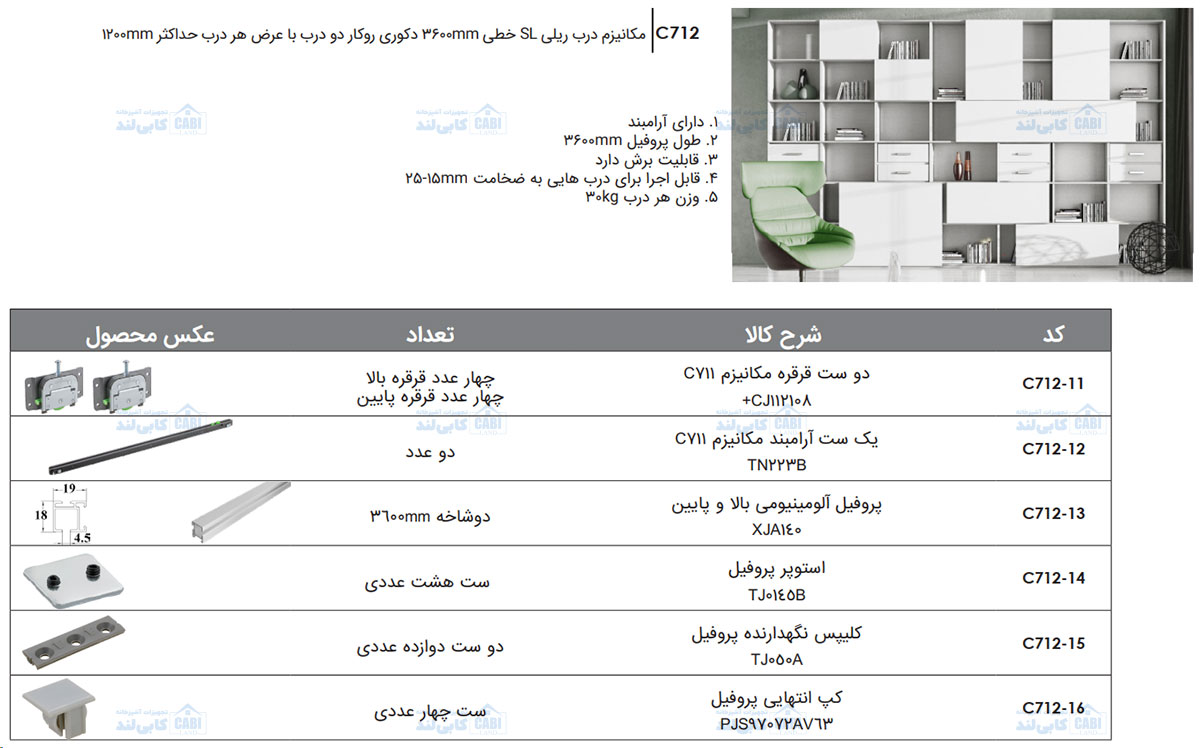 مکانیزم درب ریلی SL خطی 3600mm دکوری روکار دو درب با عرض هر درب حداکثر 1200mm فانتونی C712