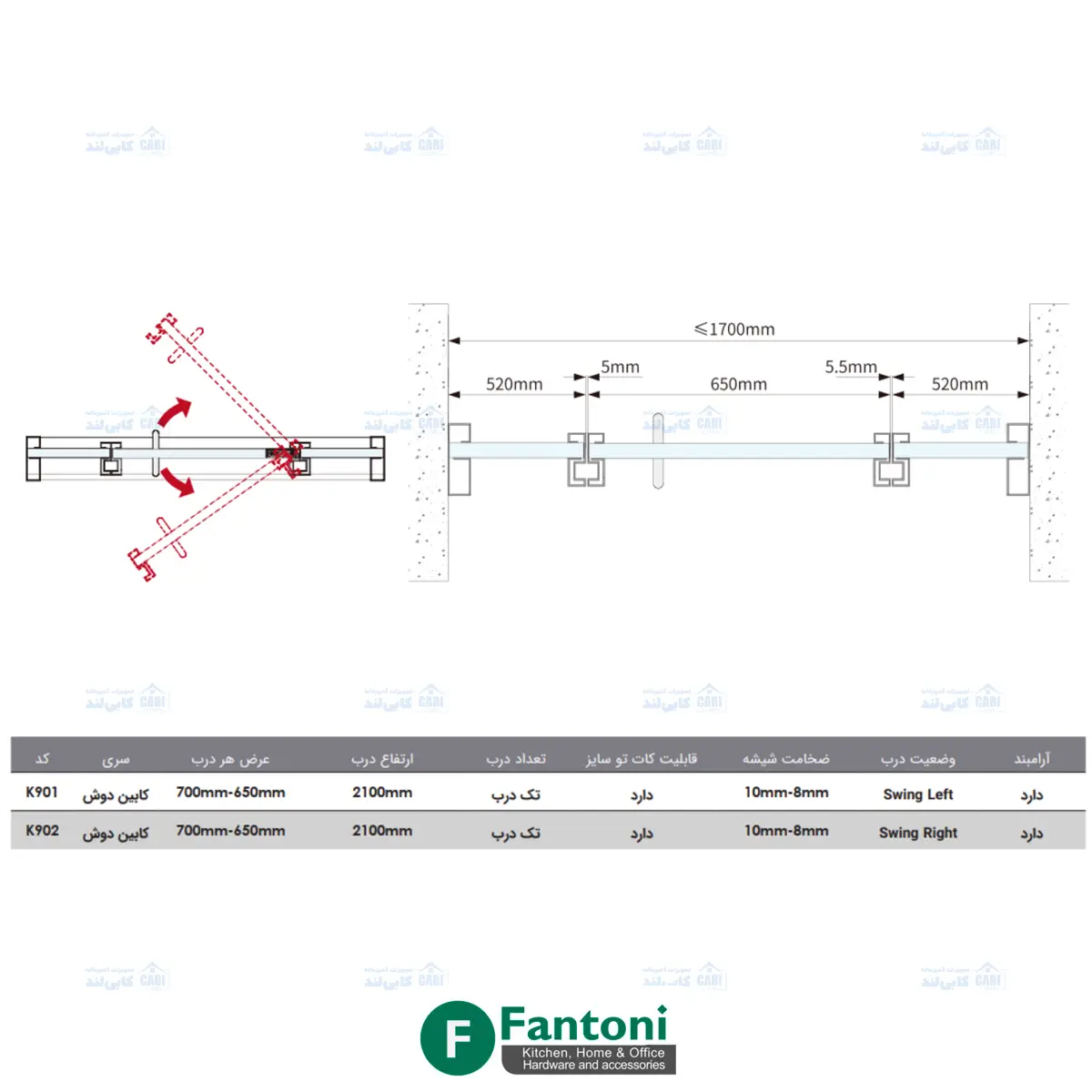 مکانیزم و پروفیل کابین دوش مدل Swing Door فانتونی K901 و K902